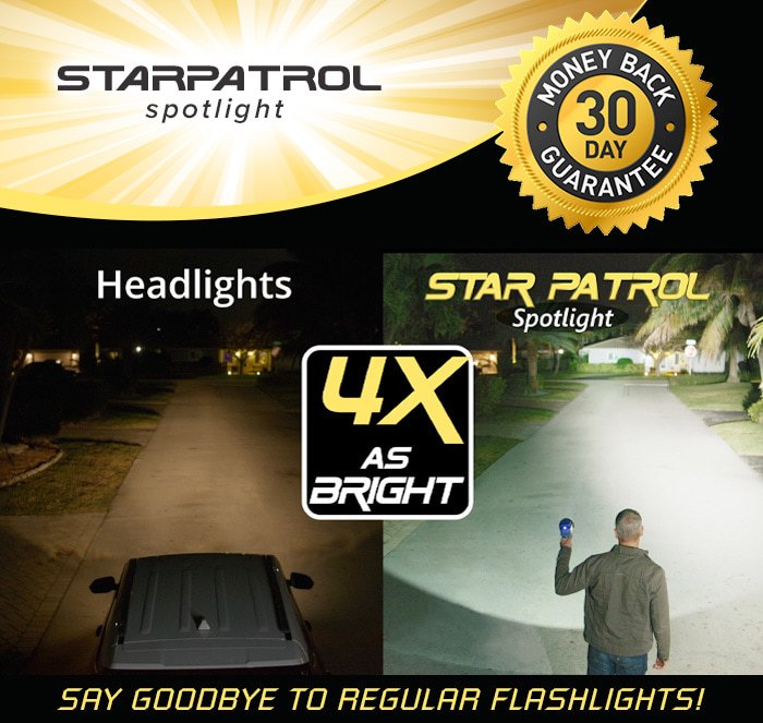 STAR PATROL SPOTLIGHT - 4X AS BRIGHT AS REGULAR HEADLIGHTS.