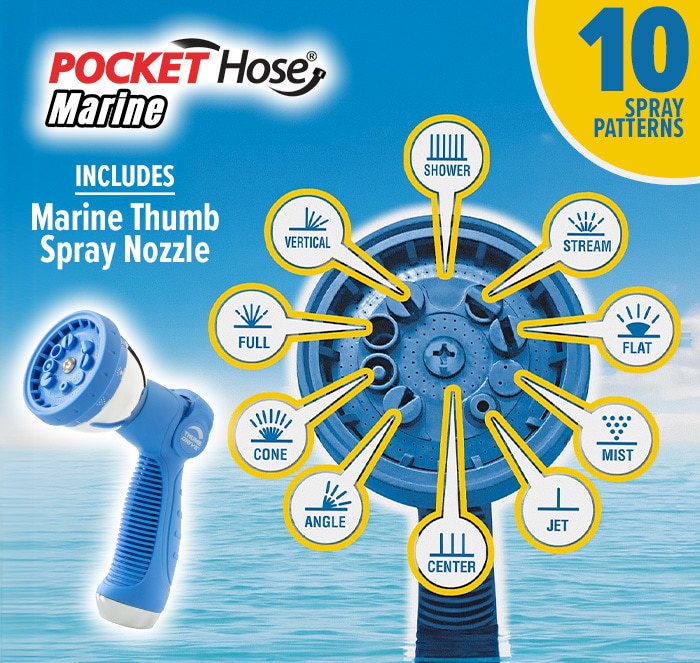 Includes marine thumb spray nozzle with 10 spray patterns
