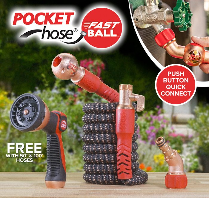 pocket hose fast ball with push button quick connect