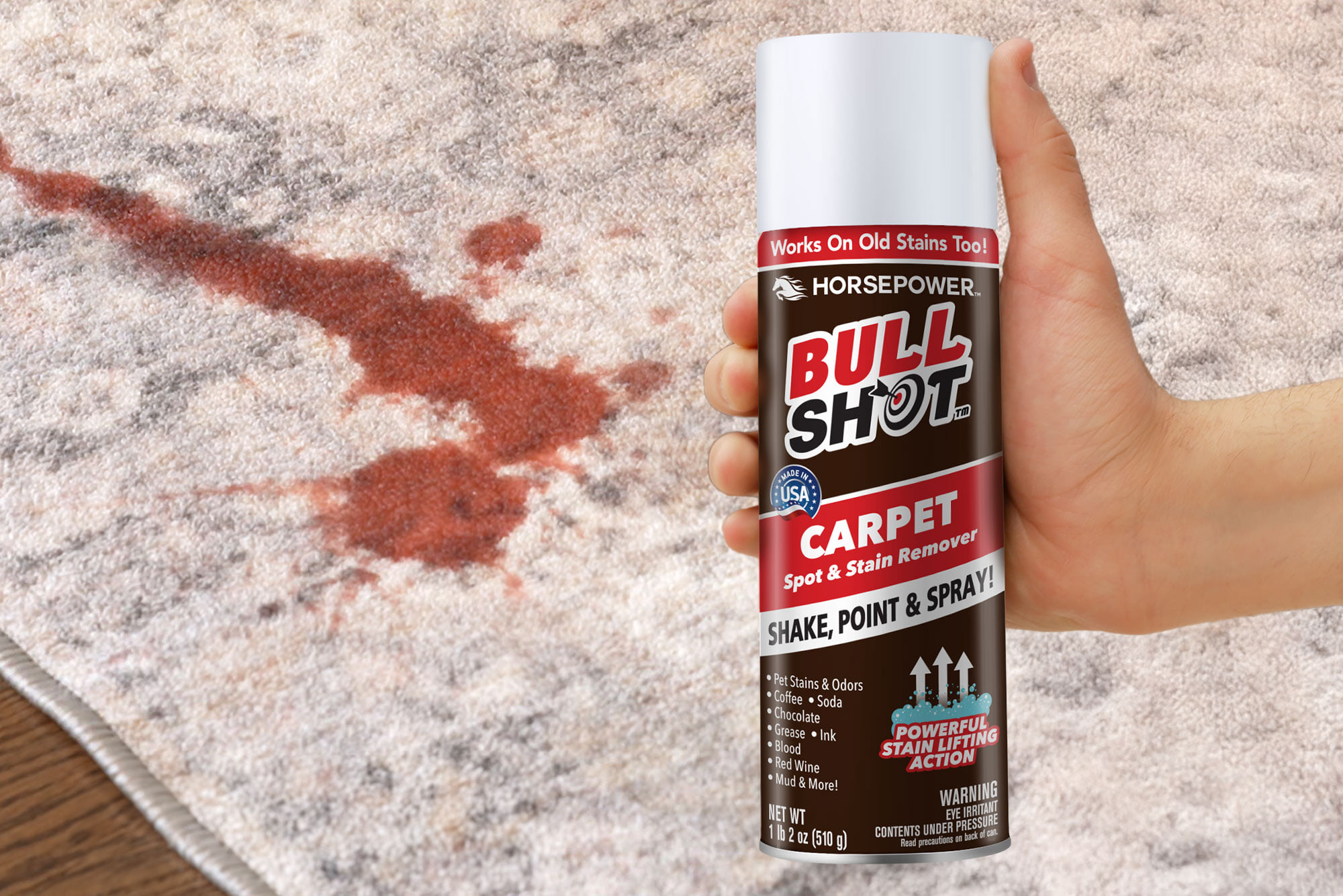Carpet with stain and can of bull shot