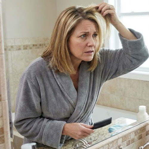 woman looking in mirror