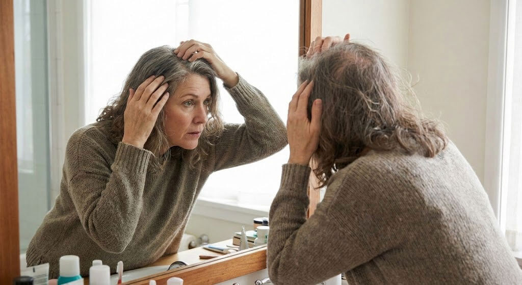 a woman checks out her hair loss in mirror