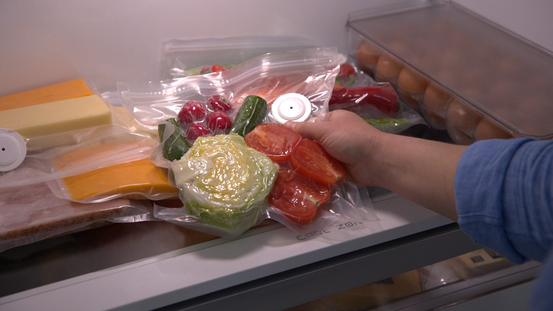 Vacuum-sealed vegetables, cheese and meat on a refrigerator shelf