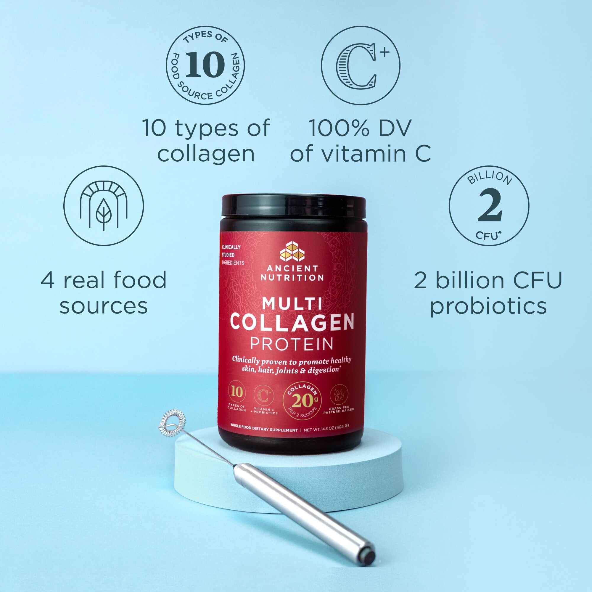 10 types of collagen, 100 percent DV vitamin C, 4 real food sources, 2 billion CFU probiotics