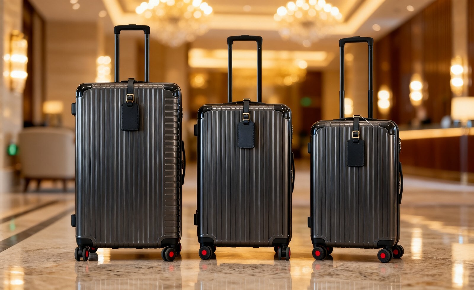A free black luggage tag hanging from the handle of each of the three Bell and Howell cases
