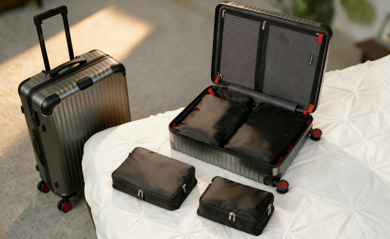 The free four piece packing cube set, two cubes packed inside the open Bell and Howell case and two laid out beside it
