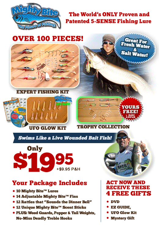 Buy Mighty Bite&trade; today and get these four free gifts: DVD, EZ Guide, UFO Glow Kit and Mystery Gift!