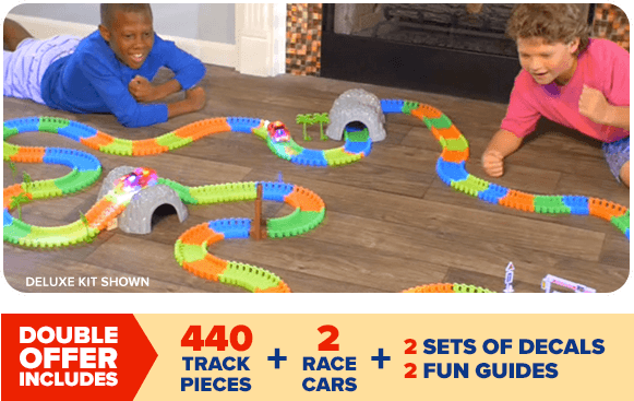 Magic Tracks&reg; double offer includes 440 track pieces, 2 race cars, 2 sets of decals, 2 fun guides
