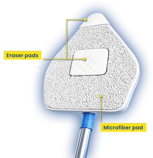 Wall Wizard™ close up on the underside of the pad. Eraser pads dig deep to loosen and lift stains. Microfiber pad grabs debris, absorbs moisture, buffs surfaces clean.