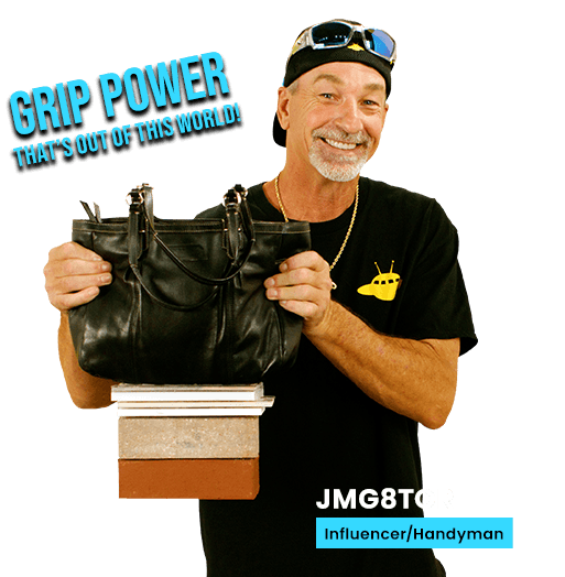 JMG8TOR, Influencer/Handyman showing off the grip power of Alien Tape® holding a purse.