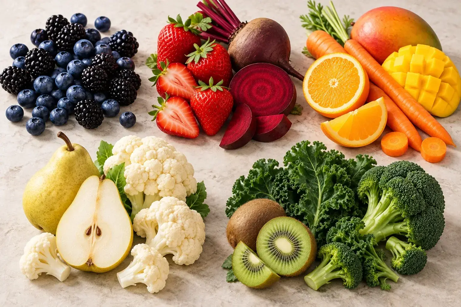 A colorful arrangement of berries, beets, citrus, carrots, pear, cauliflower, kiwi and leafy greens