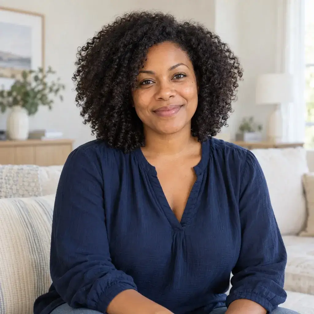 AI female model 1 with natural curls in a bright sitting room