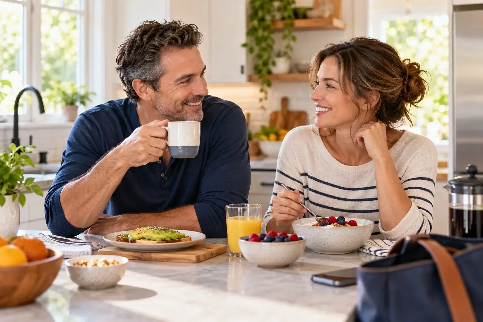 Couple enjoying a colorful breakfast in a bright kitchen