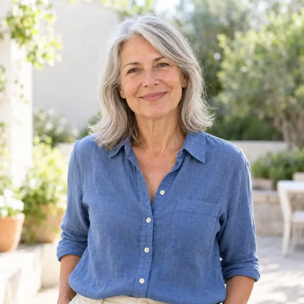 AI female model 3 with silver hair on a garden patio