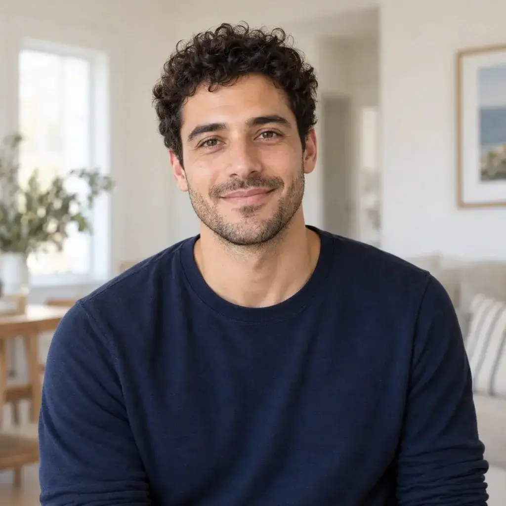 AI male model 4 with curly dark hair in a navy crewneck at home