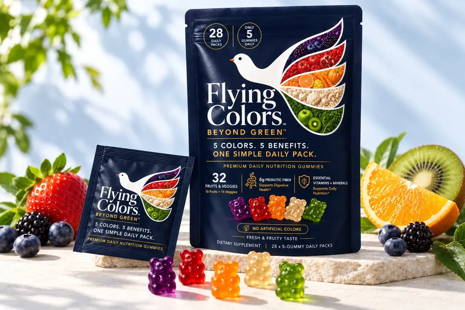 Flying Colors pouch and daily sachet with five colorful gummies, berries, orange and kiwi