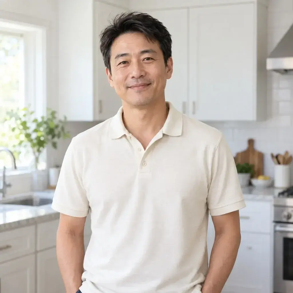 AI male model 2 in a cream polo in a bright kitchen