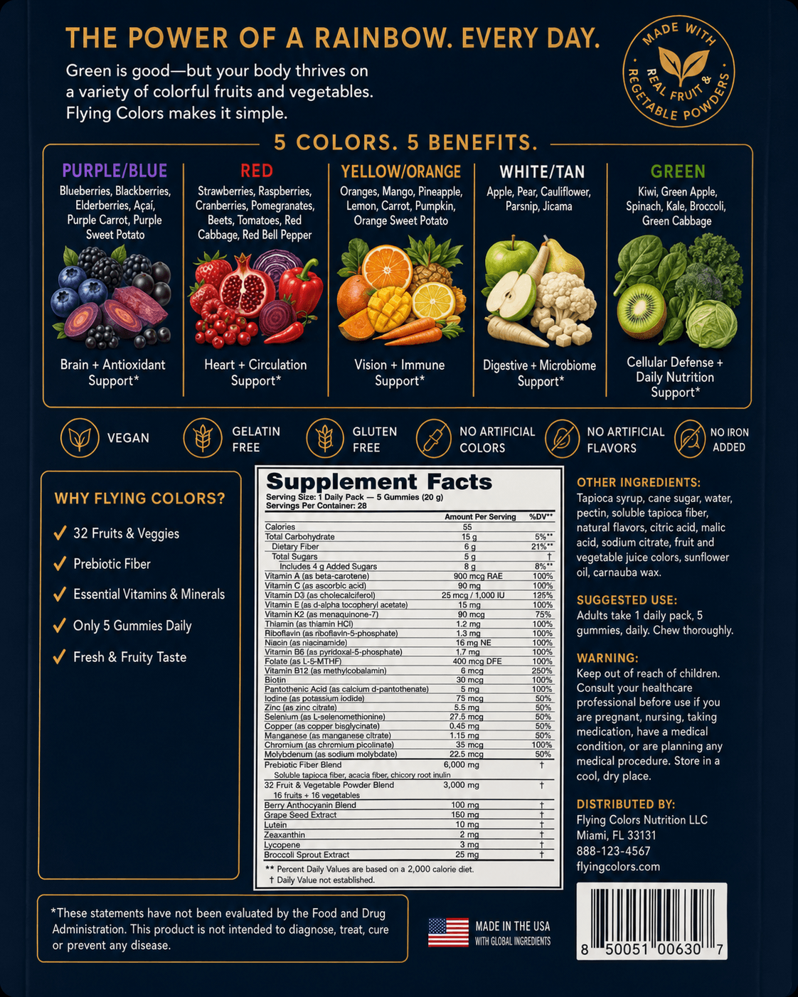 Retail package back showing the five color groups, ingredient list, Supplement Facts, suggested use and product warnings
