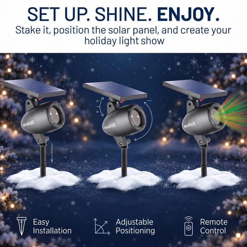 Set up, shine, enjoy: easy installation, adjustable positioning, remote control