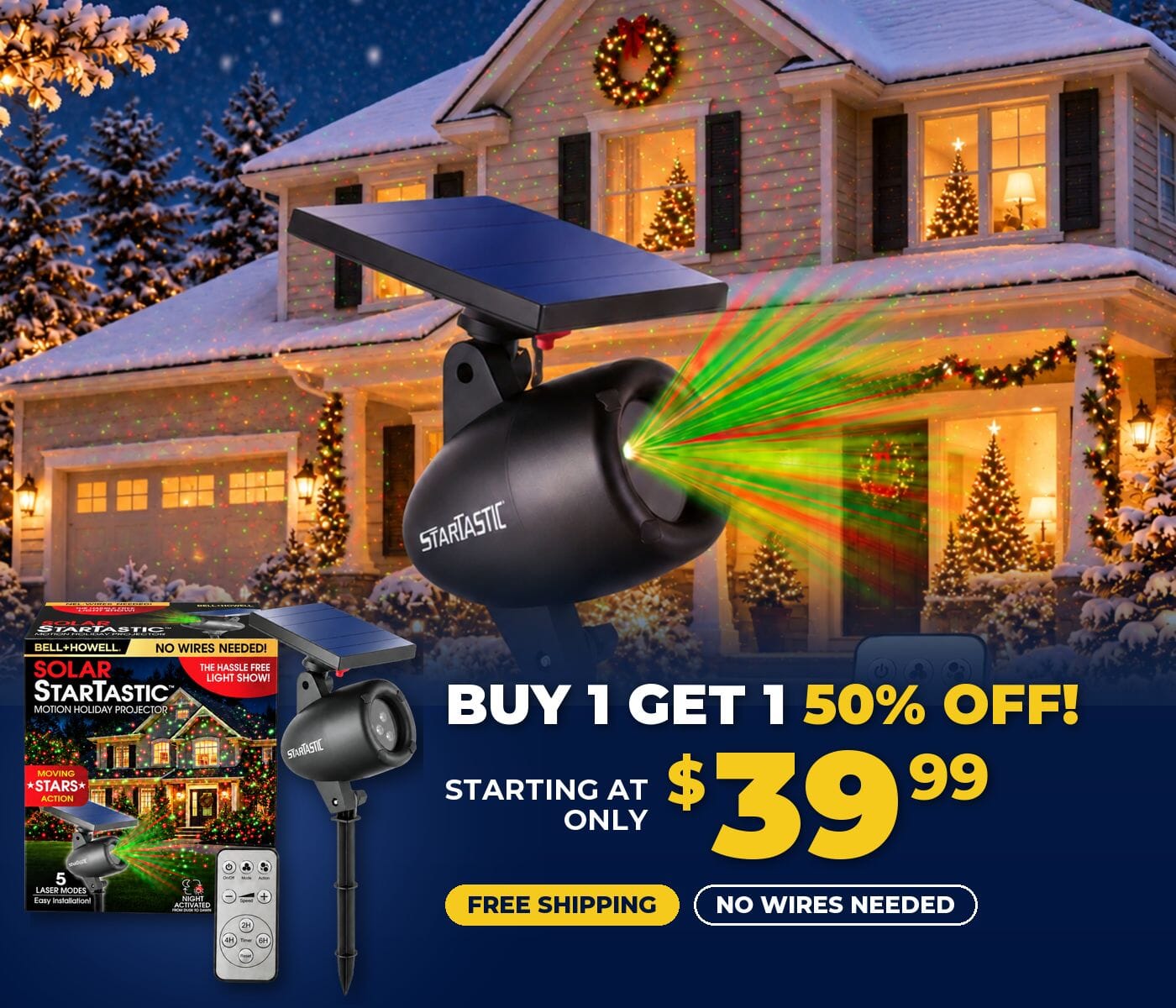 Startastic solar laser projector lighting a snowy house, buy 1 get 1 50% off, starting at $39.99