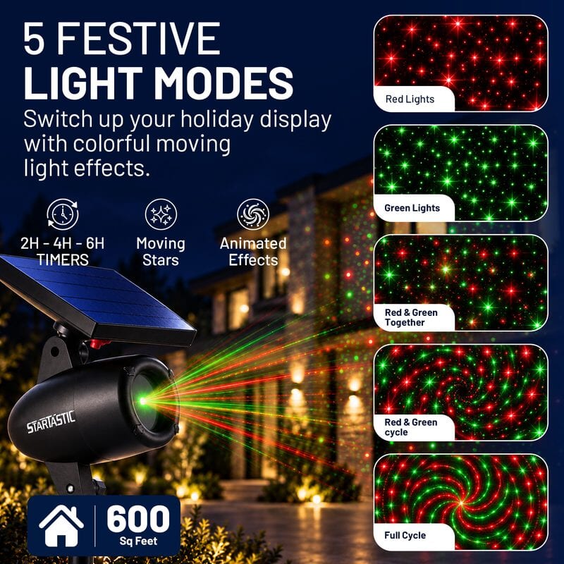 5 festive light modes with 2, 4 and 6 hour timers, covers 600 square feet