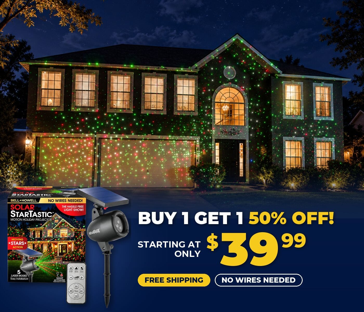 A house covered in red and green laser stars at night, buy 1 get 1 50% off, starting at $39.99