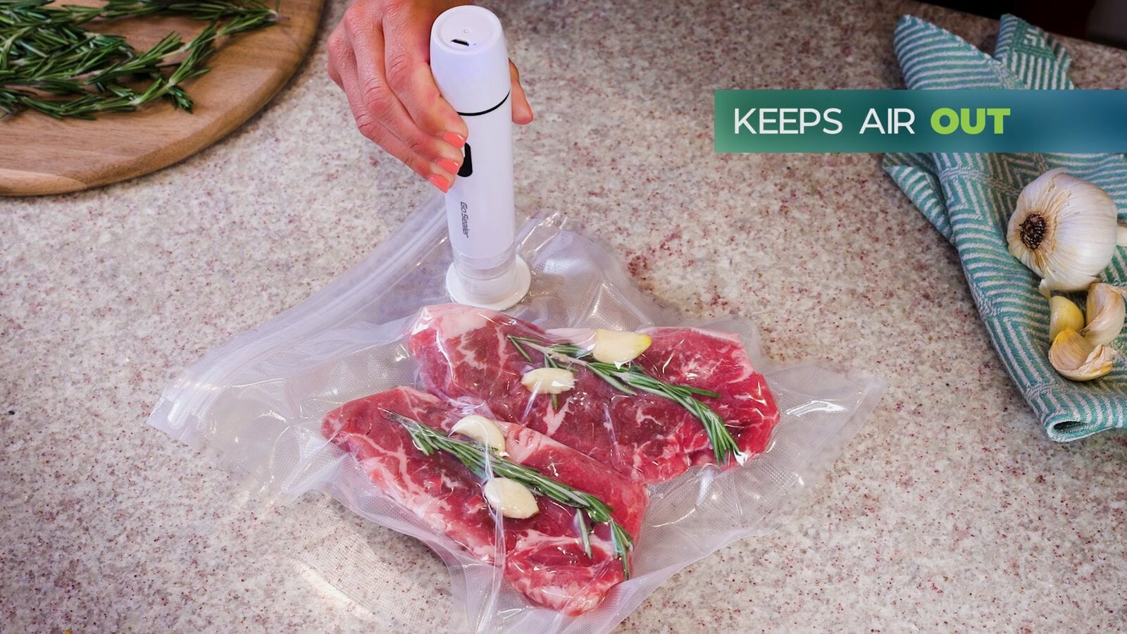 Go Sealer keeps air out of a bag of steaks