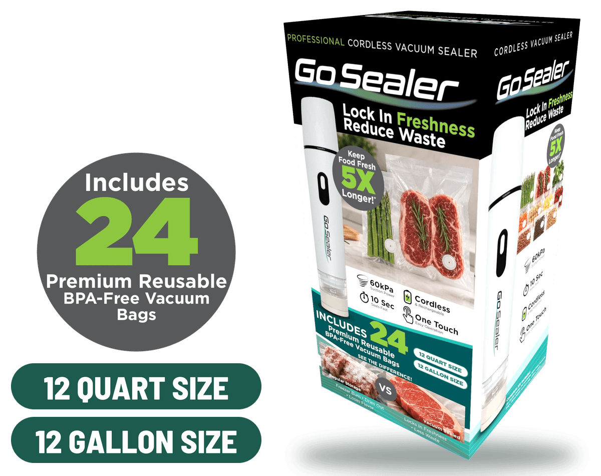 Go Sealer box. Includes 24 premium reusable BPA-free vacuum bags: 12 quart size and 12 gallon size