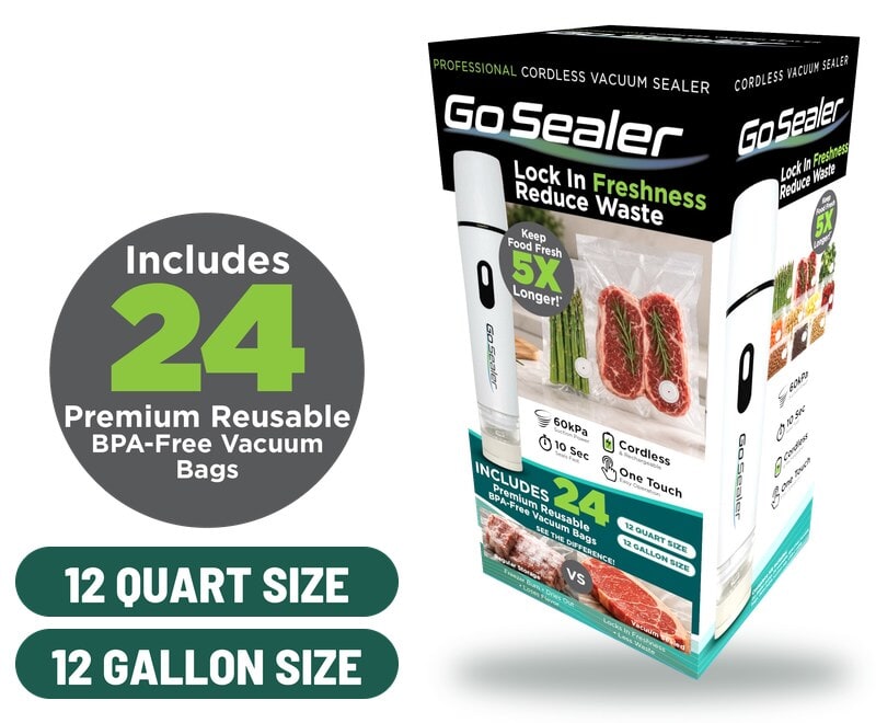 Go Sealer with 24 reusable bags: 12 quart size and 12 gallon size