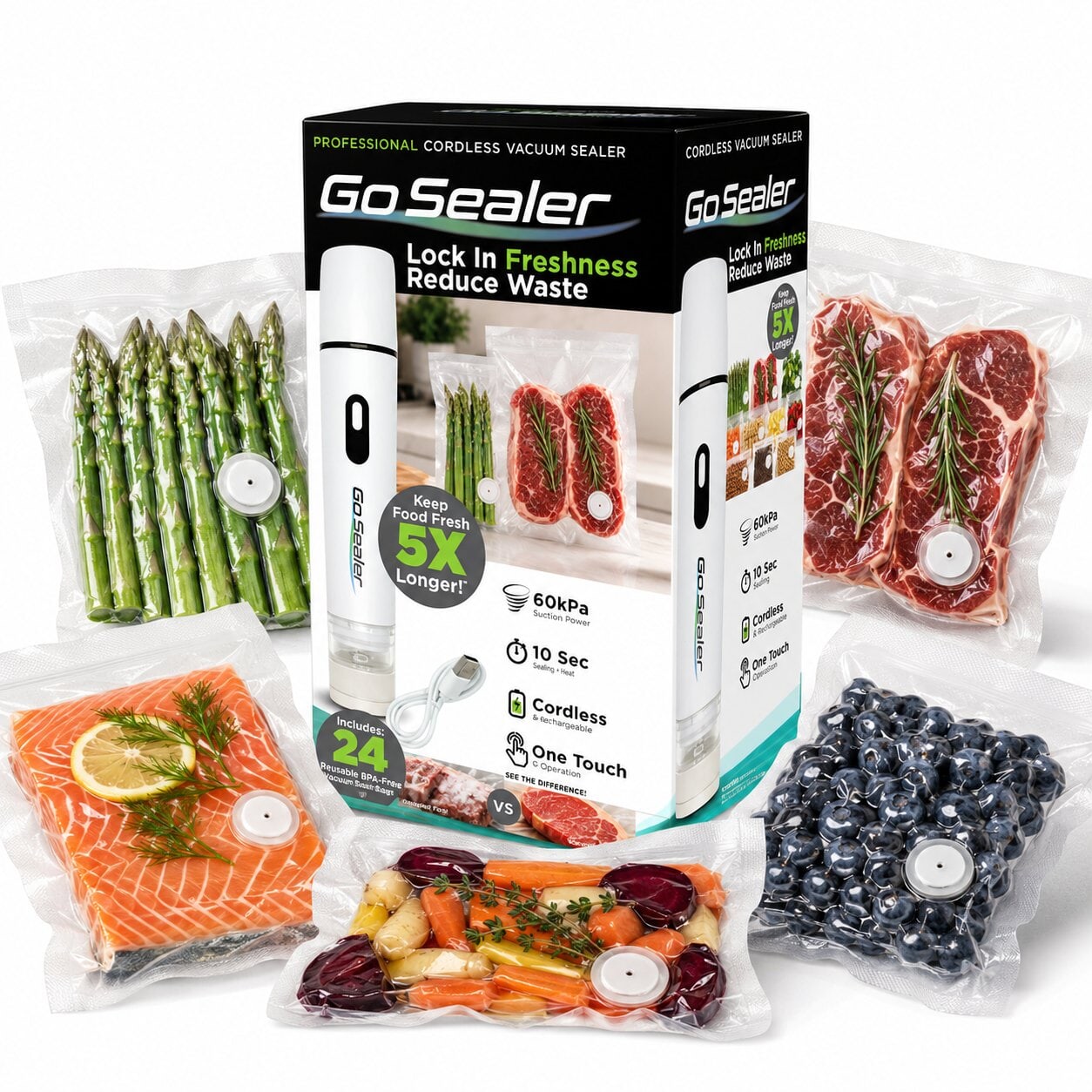Go Sealer kit with vacuum sealed food