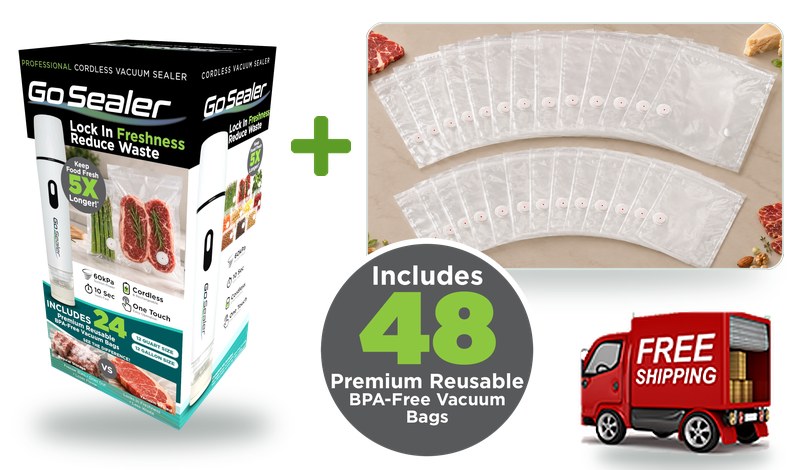 Go Sealer plus 24 extra reusable bags, includes 48 premium reusable BPA-free vacuum bags, with free shipping