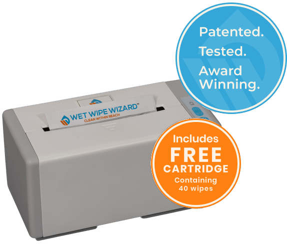 Wet Wipe Wizard™, Patented. Tested. Award Winning. Includes FREE Cartridge containing 40 wipes.