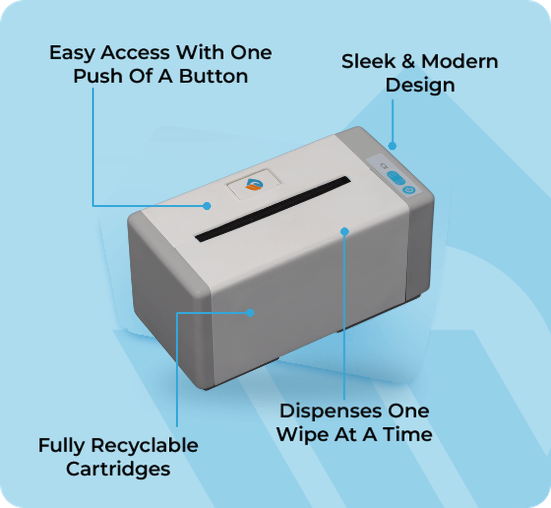 Easy access with one push of a button, sleek and modern design, fully recyclable cartridges, dispenses one wipe at a time.