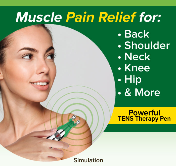 Muscle Pain Relief for: back, shoulder, neck, knee, hip, & more; Order now for special double offer!; 30 Day Money Back Guarantee; Simulation of woman using Hempvana Rocket on shoulder